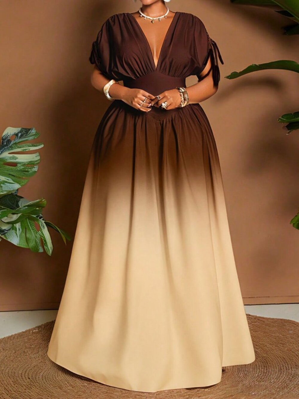 Multicolor Casual Women's Ombre Tie-Front Bowknot V-Neck A-Line Maxi Dress - Picture 7 of 7